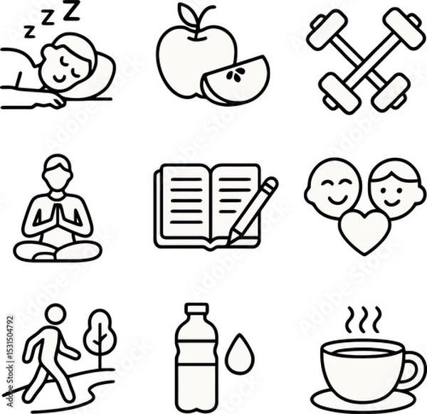 Fototapeta Solid silhouette icon set for emotional wellbeing: love head, speech profile, smiling brain, group discussion, flow line, node connections, mood gauge, meditation figure, and happiness meter.