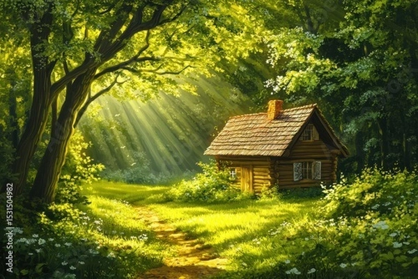 Fototapeta Cartoon Cabin: Sunlight Peeking through Trees in a Charming Forest Meadow