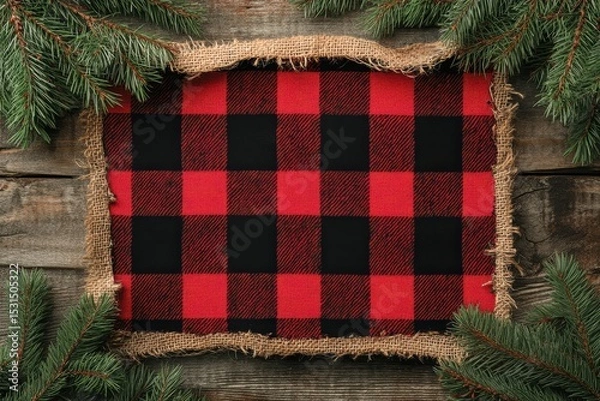 Fototapeta Buffalo Check Christmas Card. Red and Black Plaid Ribbon Border with Burlap and Tree Branches on Wooden Background