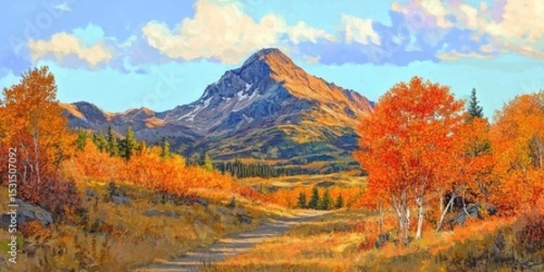 Fototapeta Alaska Road: Fall Colours of Birch Trees along Glenn Highway to Eureka Peak