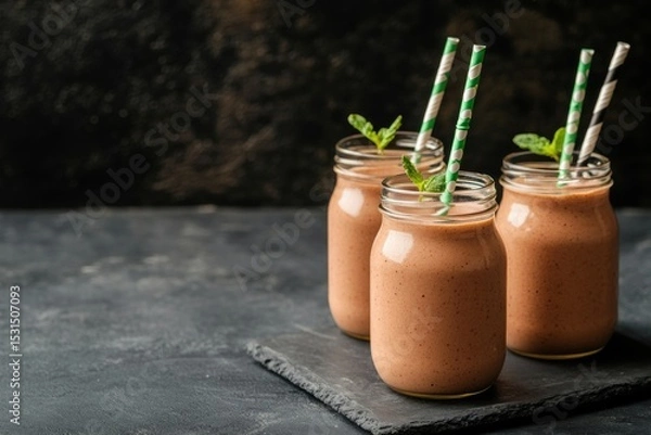 Fototapeta Three glass jars filled with fresh smoothies are presented alongside eco-friendly straws. These nutritious drinks embody the vibrant and healthy lifestyle with a modern aesthetic