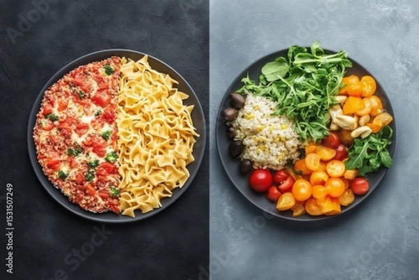 Fototapeta On one plate, a processed food meal features pasta and sauce, while the other showcases a vibrant fresh dish with vegetables, grains, and nuts for a healthier option