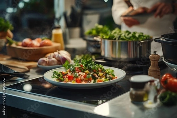 Fototapeta Fresh ingredients are transformed into a healthy, beautifully plated dish through careful meal prep in a modern kitchen, showcasing vibrant colors and textures throughout the process