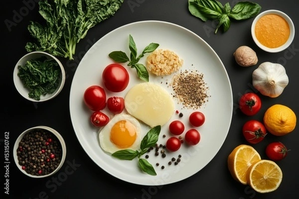 Fototapeta Fresh ingredients including tomatoes, eggs, and herbs are displayed meticulously on a plate, illustrating the process of healthy meal preparation in a vibrant, colorful setting