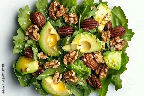 Fototapeta This colorful salad features a vibrant mix of leafy greens topped with ripe avocado slices and a generous serving of walnuts. Perfect for a healthy meal at any time