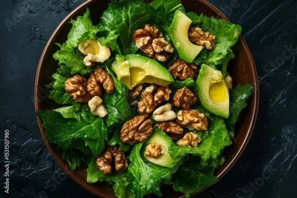 Fototapeta Fresh leafy greens mix with sliced avocado and walnuts in a beautifully arranged salad. The top-down perspective highlights the rich textures and vibrant colors, perfect for a nutritious meal