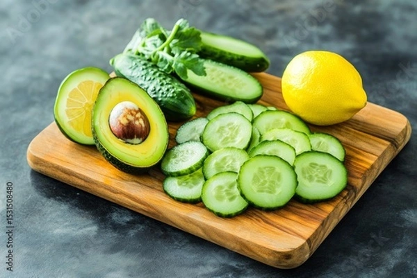 Fototapeta Vibrantly sliced avocado reveals its creamy texture next to fresh cucumber and a bright lemon on a wooden cutting board. This clean eating arrangement is visually appealing and healthy