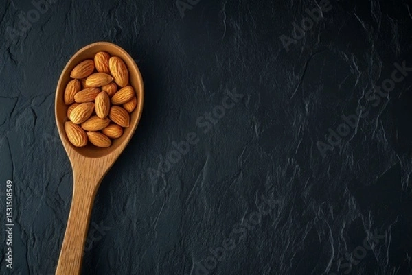 Fototapeta A wooden spoon filled with raw almonds rests on a dark textured surface, showcasing the elegant simplicity of healthy snacking. The 8K resolution emphasizes the intricate details