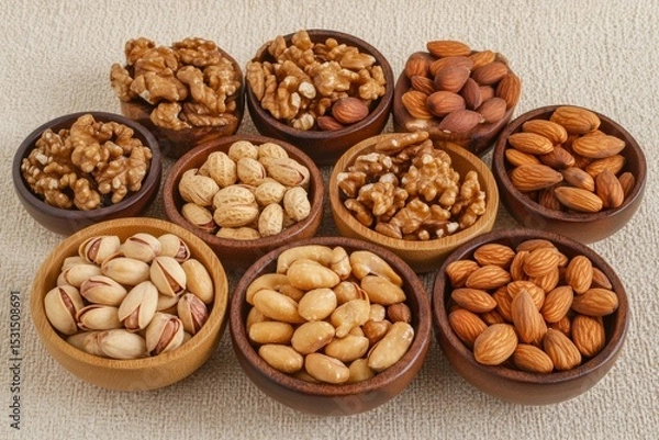Fototapeta An assortment of nuts is elegantly displayed in small wooden bowls on a textured beige surface. The variety includes walnuts, almonds, and pistachios, highlighting diverse flavors and textures
