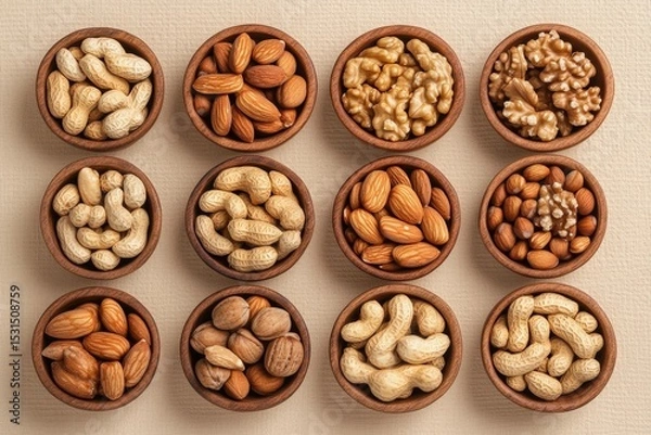 Fototapeta A variety of nuts is thoughtfully arranged in small wooden bowls against a textured beige background. This colorful display highlights different types of nuts, inviting a healthy snacking experience
