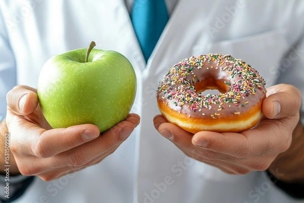 Fototapeta A male dietitian stands holding an apple in one hand and a doughnut in the other, visually contrasting healthy and unhealthy food choices. This close-up emphasizes dietary decisions