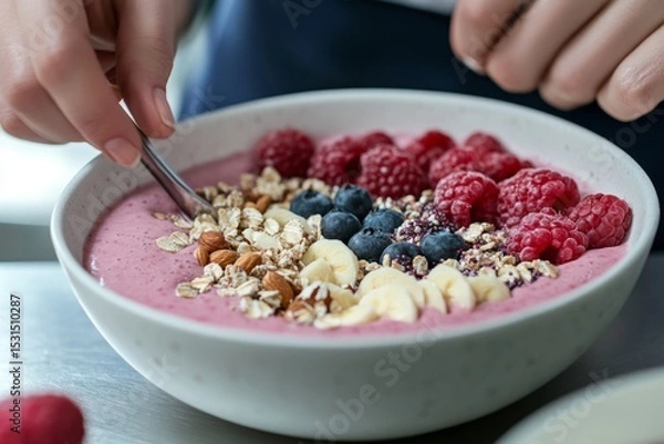 Fototapeta Close-up view of a nutritionist skillfully assembling a smoothie bowl. Fresh fruits like raspberries and blueberries are artfully placed on a creamy base, promoting healthy eating habits