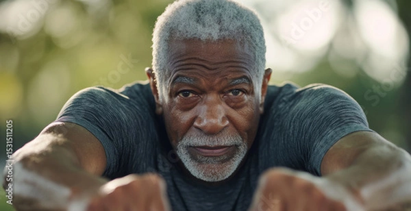 Fototapeta A senior man stretches his legs intently, preparing for a run in a park. His determined expression and well-defined muscles indicate his commitment to fitness. The sun shines softly in the background