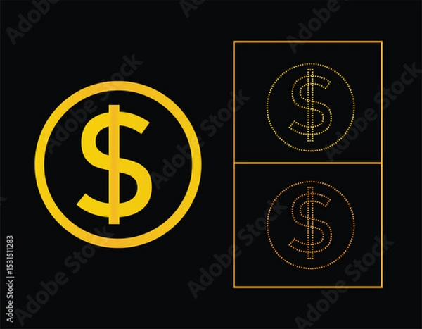 Obraz dollar coin and monochrome sketch outline of money of USA. Vector currency, business and commerce, payment and profit symbol of economy and financial. Market and exchange, earnings and income