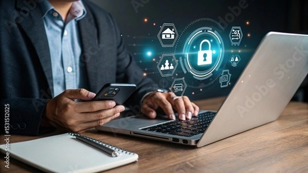Fototapeta Modern cybersecurity concept, businessman entering password on smartphone, emphasizing encrypted data, internet privacy, secure login and digital protection. 
