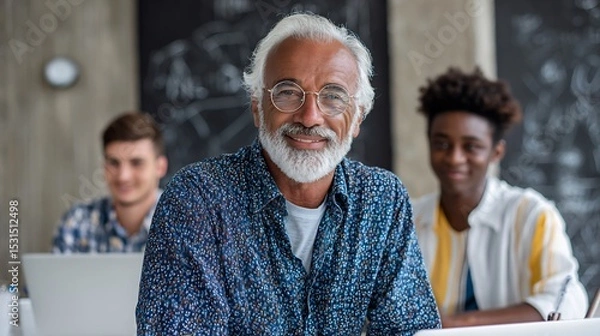 Obraz Age diversity equality elderly man teaching young interns in a tech company intergenerational learning inclusive age workforce positive expressions modern office