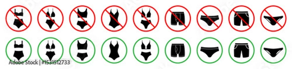 Obraz Vector icon set showing acceptable and unacceptable swimwear at a beach or pool. Includes approved and banned male and female swimsuit styles. Ideal for signs and safety guidelines.
