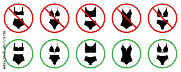Obraz Vector icons showing approved and banned women's swimwear styles. Includes bikinis, suits and undergarment like outfits. Ideal for pool, beach, or resort signage and dress code rules. Vector icons.