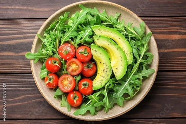 Fototapeta A top view displays a fresh salad featuring vibrant cherry tomatoes and creamy avocado slices on a bed of arugula. The wooden table adds a rustic touch to the healthy meal