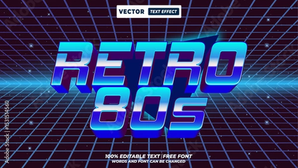 Fototapeta Retro 80s futuristic 3d editable vector text effect. Neon, cyberpunk, 80s, and 90s chrome typography style for digital designs. 