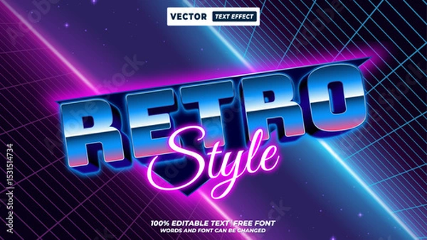 Fototapeta 80s retro style 3d editable vector text effect. 80s synthwave, neon vaporwave, and futuristic nostalgia typography style for vibrant digital designs.