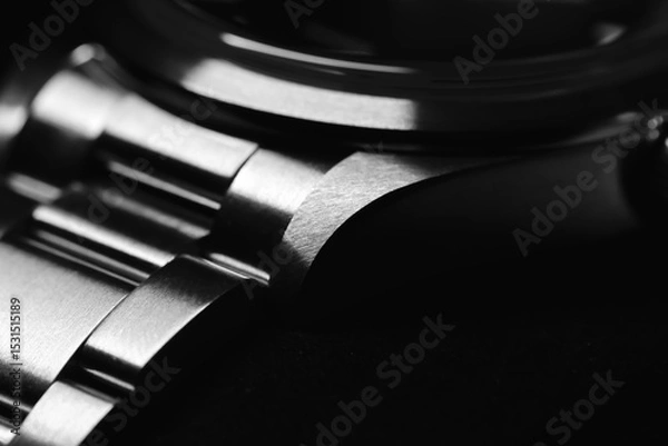 Obraz Detailed black-and-white macro shot of a metallic watch bracelet