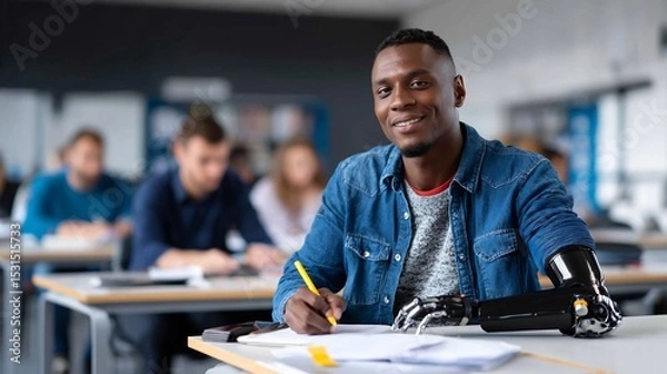 Obraz Disability equality education student with prosthetic limb studying alongside peers in a university classroom inclusive academic environment mutual respect and focus
