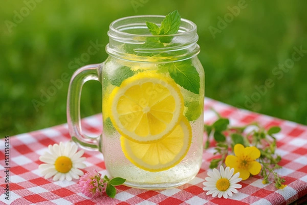 Obraz Refreshing summer lemonade in a mason jar with fresh mint on picnic blanket outdoors