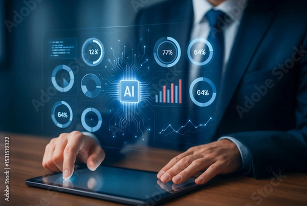 Obraz Businessman Interacting with AI-Powered Data Analytics Dashboard on Tablet