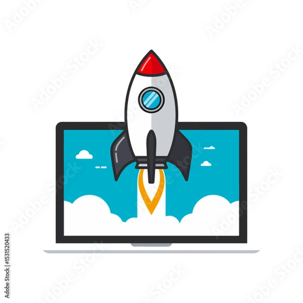 Fototapeta Rocket launching from laptop screen startup business concept illustration