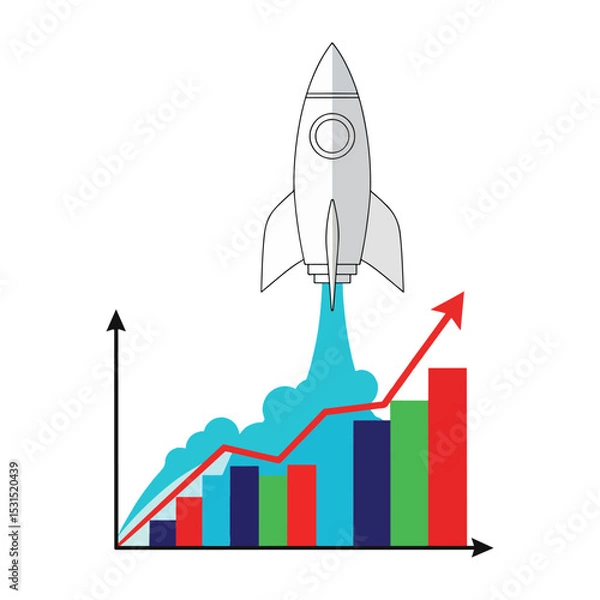 Fototapeta Rocket launching with upward trending bar graph showing business growth and success