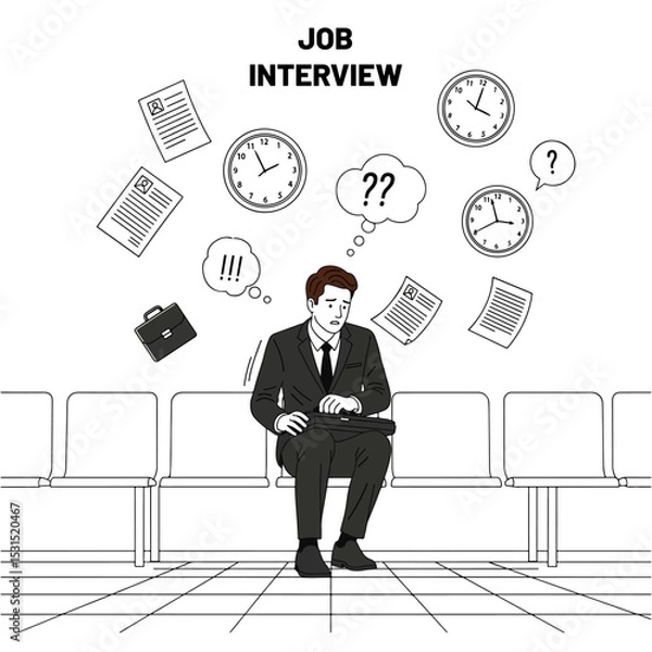 Fototapeta Nervous man waiting for a job interview in a waiting room