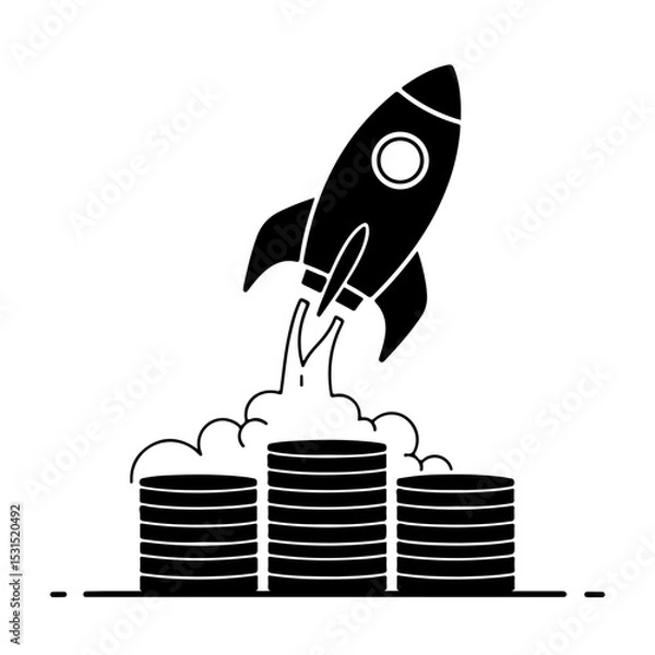 Fototapeta Rocket launching from stacks of coins representing financial growth and success