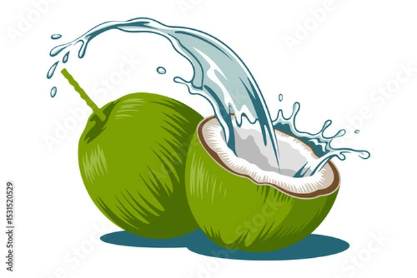 Fototapeta Refreshing coconut water splashing from a cracked coconut