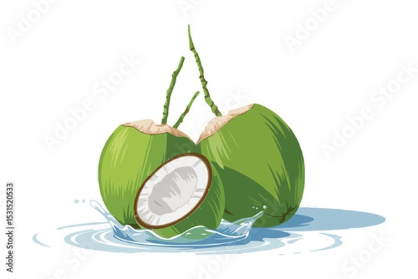 Fototapeta Two fresh green coconuts splashing into water