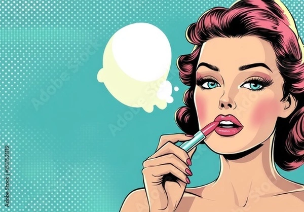 Obraz A woman with open eyes is depicted in a pop art vintage comic style, lost in a dream, as a modern female portrait with a speech bubble