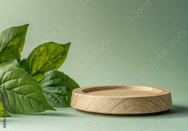 Fototapeta Greenery-Filled Forest Backdrop with Wooden Display Podium for Natural Cosmetics