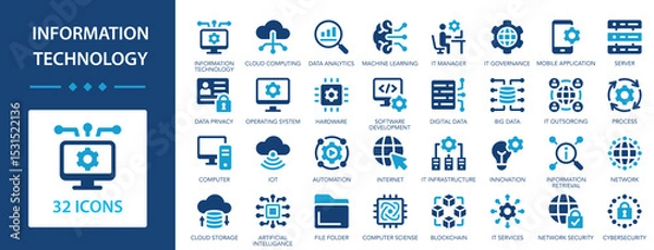 Fototapeta Information technology icon set. Programming, network, website, data analytics, internet, cloud computing, big data.