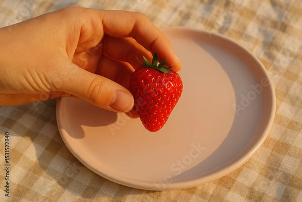 Obraz Hand holding fresh strawberry over minimalistic plate in warm sunlight