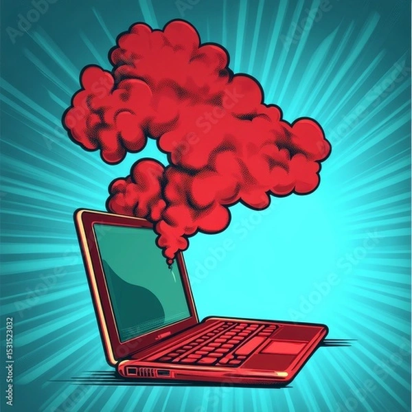 Obraz A comic book style imitation of a smoking broken laptop in pop art retro modern illustration