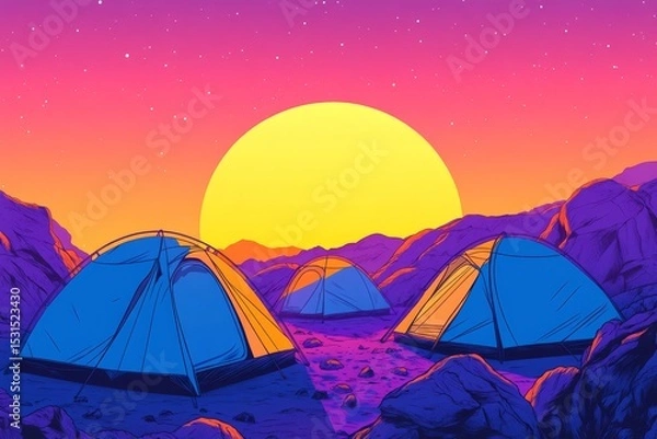 Obraz Camping with a tent is an outdoor activity depicted in a pop art collage style with neon bold colors, generated by AI