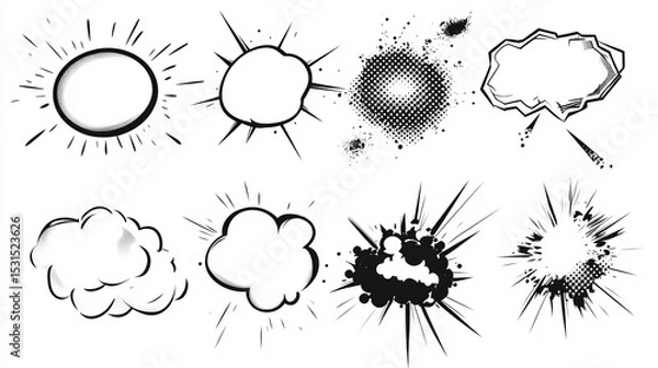 Obraz A pop art style collection featuring blank comic bubbles and elements with black shadows is available, including comic speech and abstract creative modern white blank bubble comic text, along with a