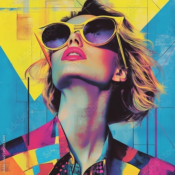 Obraz A vibrant '80s-inspired pop collage illustration featuring a fashion model wearing sunglasses set against a lively pattern, reminiscent of retro summer travel posters and embodying the essence of
