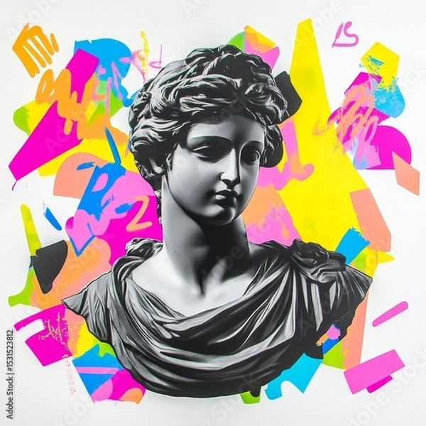 Obraz A colorful graffiti-covered antique statue bust is set against a light background, exemplifying street style and contemporary art collage, symbolizing postmodernism, creativity, abstract art,