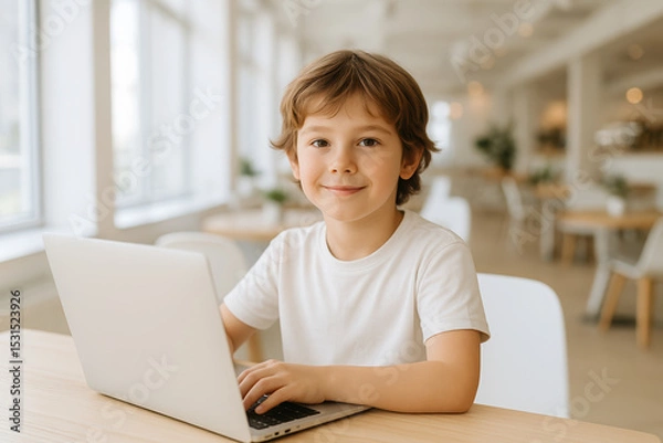 Obraz Digital Nomad Kids. Happy child using laptop in bright modern cafe