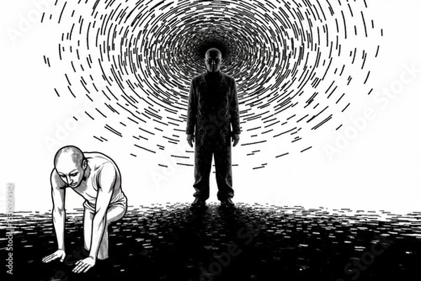 Fototapeta A bald figure crouches tensely in the foreground, while a shadowy figure in a suit stands behind. A swirling vortex of lines dominates the background.