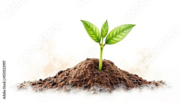Fototapeta A small green plant with two leaves grows from brown soil scattered with black pebbles, set against a white gradient background with a misty effect.