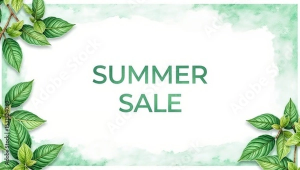 Fototapeta Centered text reading 'SUMMER SALE' in green on a white background. Green leaves form a border, with a light green watercolor effect in the background.