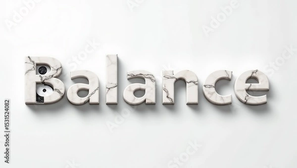 Fototapeta The word Balance appears in bold 3D marble texture with a black circular element and white sphere in the letter B, set against a minimalist white background.