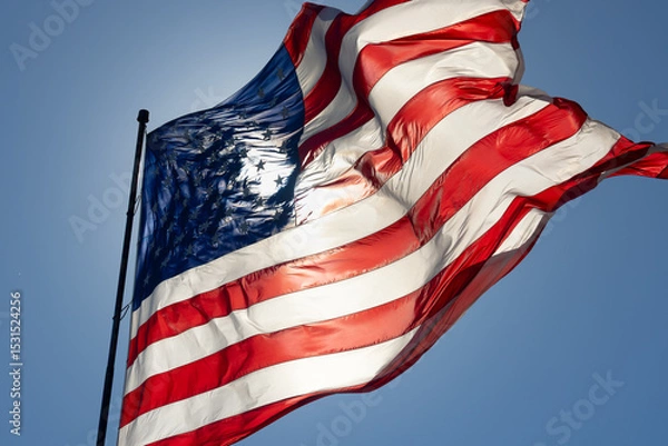 Fototapeta Dramatic Backlit American Flag Waving in the Wind.